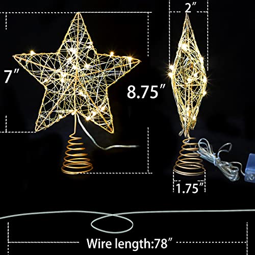 Immeiscent Christmas Tree Topper, 7" Gold Metal Star Tree Topper With 20 Leds Warm White Lights, Wire Weaving, Battery Powered With Timer For Xmas Tree, New Year #TOP5