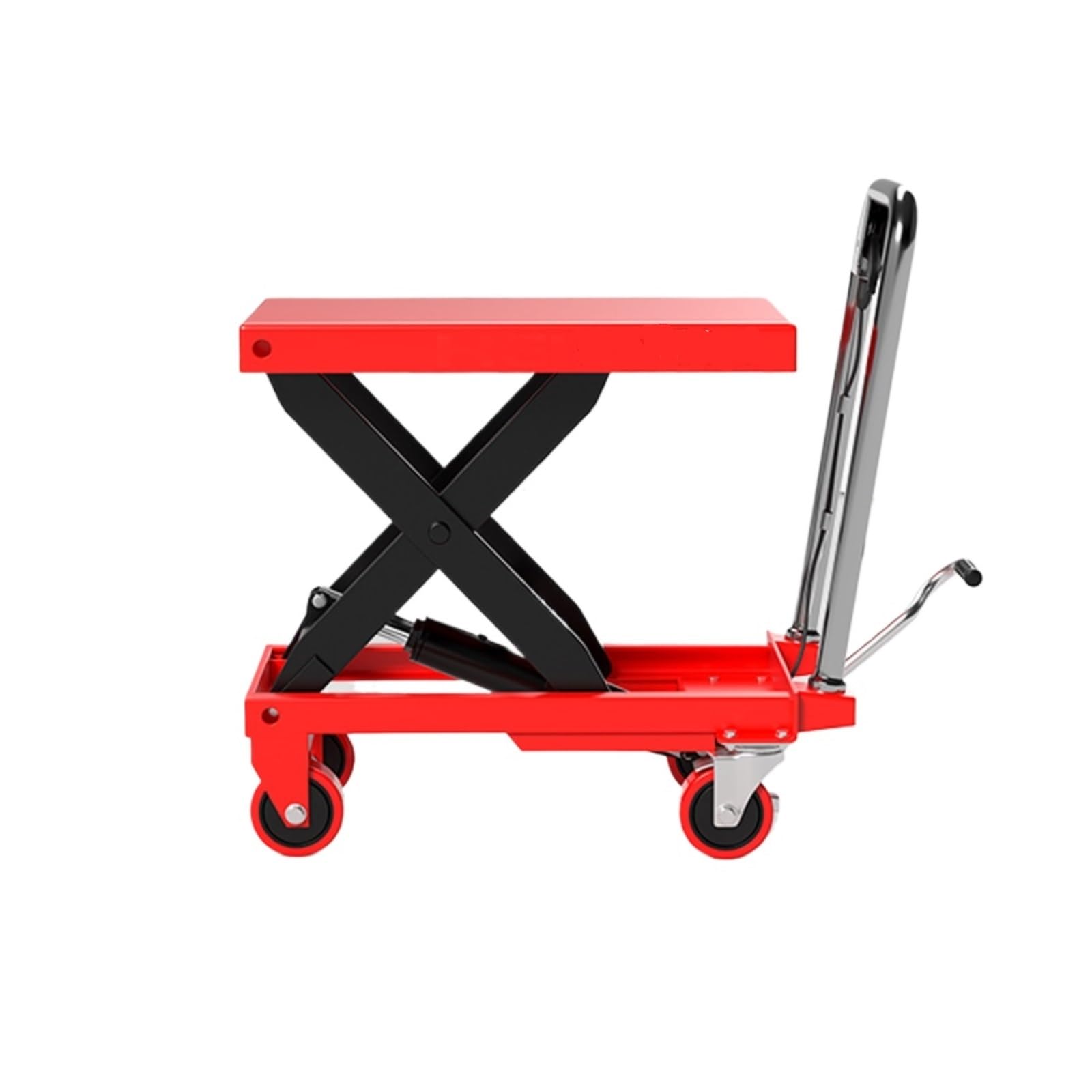 Hydrauliczny wózek widłowy z 4 kółkami do przenoszenia i transportu materiałów, czerwony (150 kg)