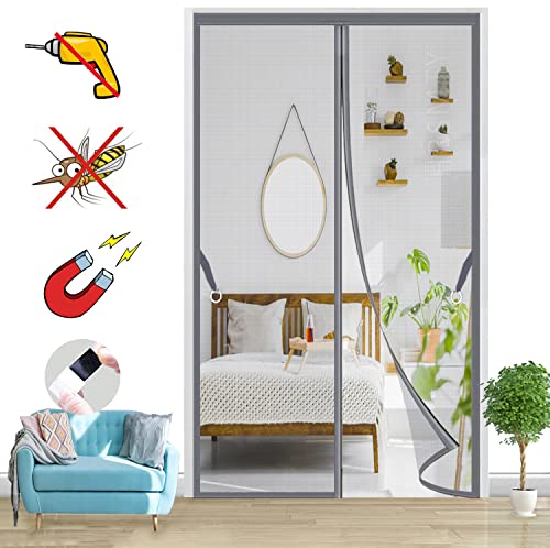 マグネット式網戸, 防虫網戸カーテン 自動的に密閉玄関網戸, 換気 取付簡単 に 出入り楽々 穴をあける必要がなく 適用最もするドア/ベランダ/玄関-Gray-A|| 165x260cm(64x102inch)