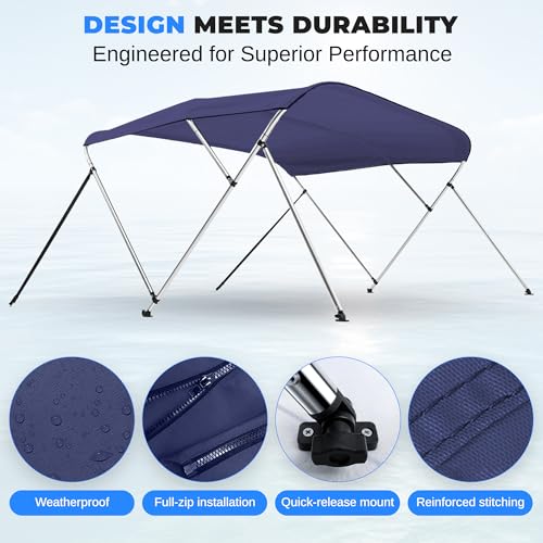 Image of SereneLife 4 Bow Blue Bimini Top Boat Cover, with Canvas Aluminum Frame ,UV Level 4 Protection Waterproof Canopy, with Front Straps & Rear Support Arms, Fits 8'L x 79-84 inchW x 54 inchH Boats Easy Install