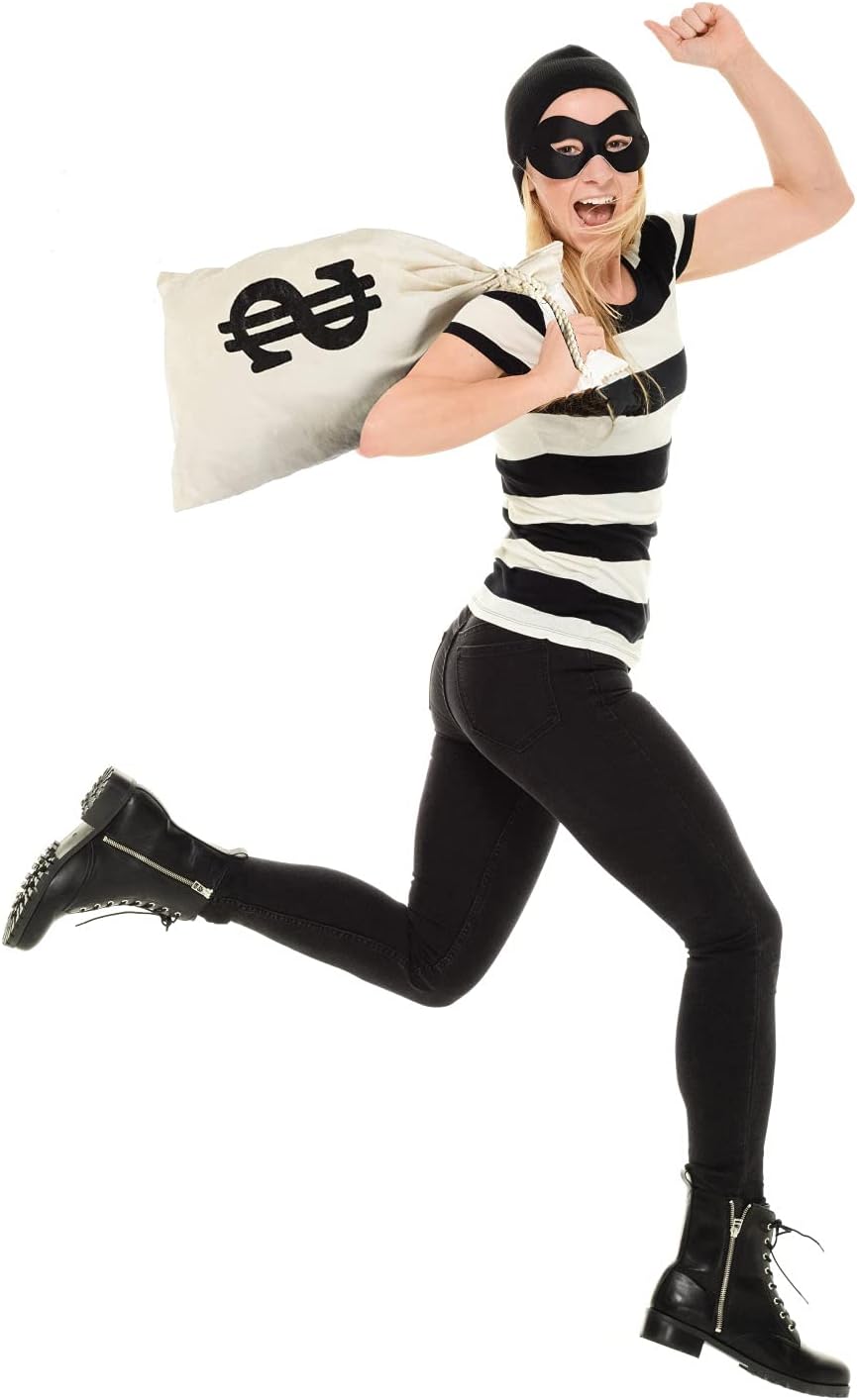 Robber Costume Set - Mask, Money Bag, Knitted Hat, Gloves for Cops and Robbers, Burglar Mask, Halloween Costume