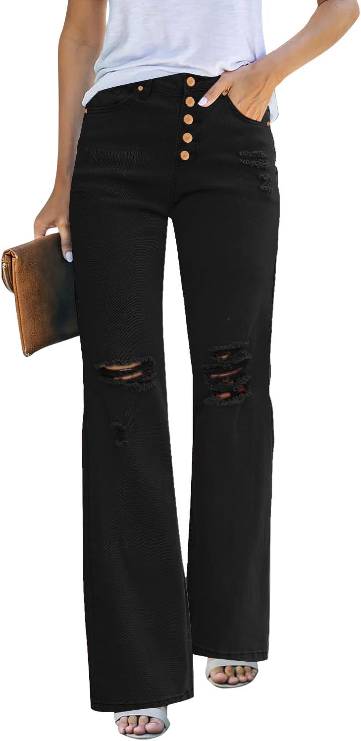 LookbookStore High Waisted Ripped Flare Jeans for Women Distressed Bell Bottom Jeans Wide Leg Pants