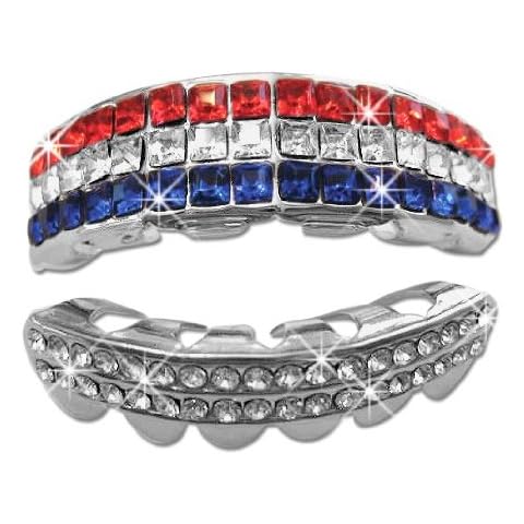 Big Dawgs Bling Hip Hop Platinum Silver Plated Removeable Mouth Grillz Set (Top & Bottom) The Patriot Cover