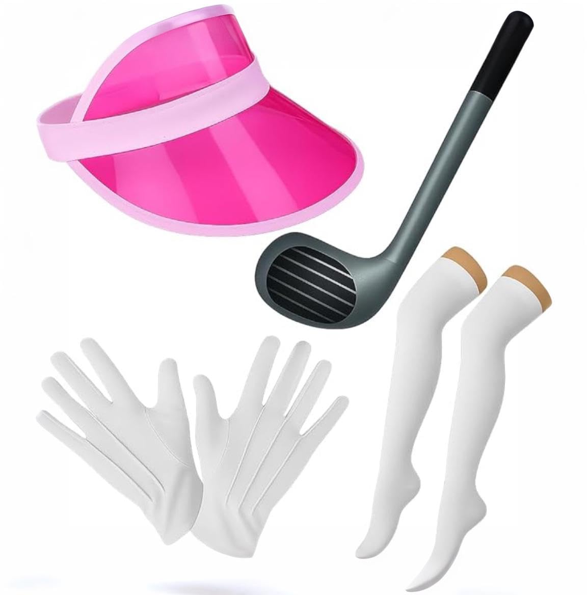 ANZEE Unisex Adult Golf Visor Costume Set with Inflatable Club Tall Socks and White Gloves Ideal for Pub Golf or Fancy Dress Events (Golf Set+Pink Visor Cap)