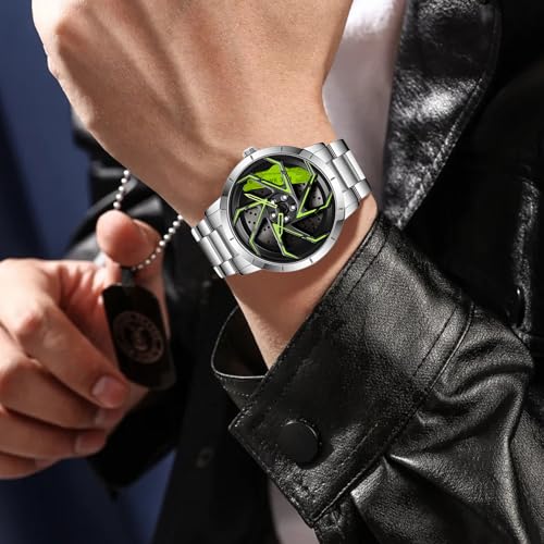 Image of FANMIS Men's Racing Car Wheel Watch 3D Spinning Dial Stainless Steel Watch | Creative 3D Spinning Car Quartz Large Skeleton Face and 30M Water Resistance Designed for Car Fans and Daily Wear.