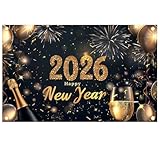 Grande Feliz Año Nuevo Pancarta para Nochevieja Decoración 2026, telón de Fondo Año Nuevo 2026 Fondo fotografía 150x100cm Negro champán Fuegos Artificiales Decorativo para Fiestas y Celebraciones