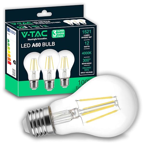 V TAC 3x Bombillas LED Filamento A60 E27 12W (Equivalente a 100W)   1521 Lumen   Bombilla Máxima Eficiencia y Ahorro Energético   Vintage Retro   Blanco Neutro 4000K
