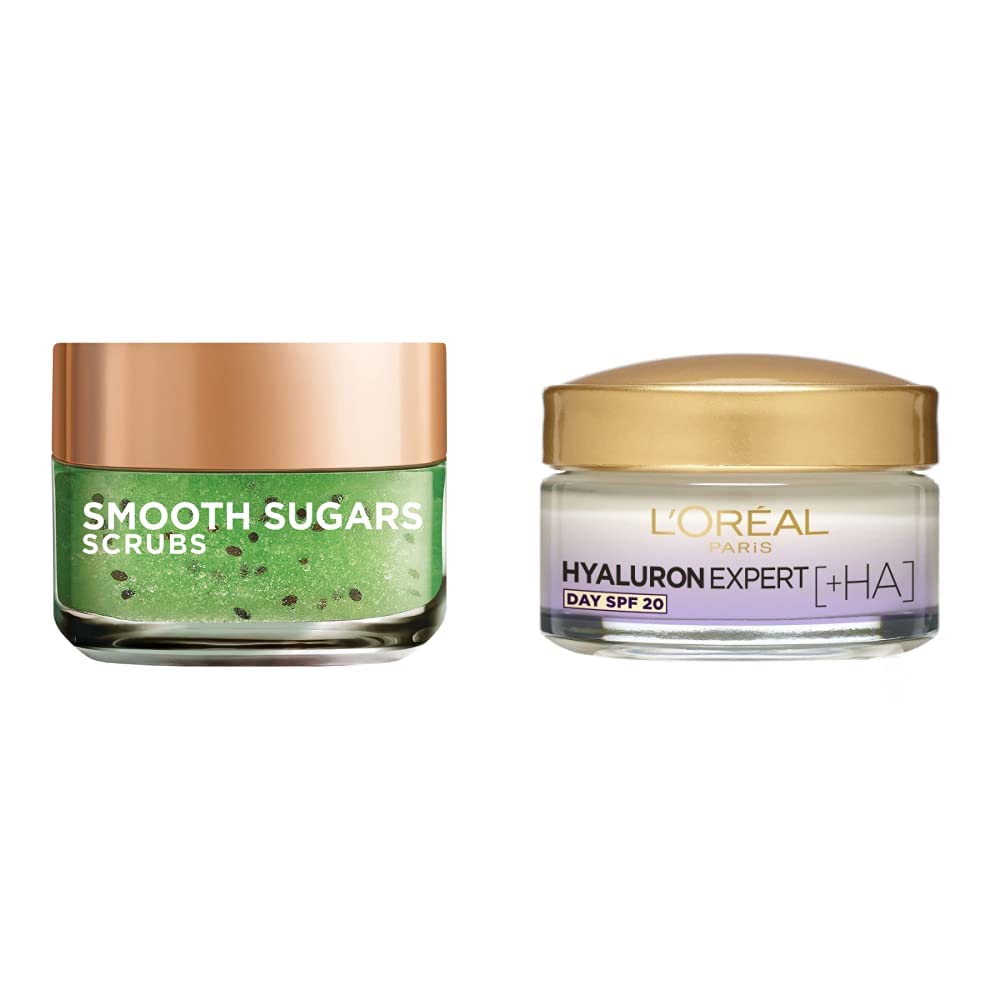 L'Oréal Paris Smooth Sugar Scrubs With Kiwi Seeds To Reduce Blackheads & L'Oréal Paris Hyaluron Expert Replumping Moisturizing Day Cream, Face Care, Fine Line Reduction, 50ml & 100ml