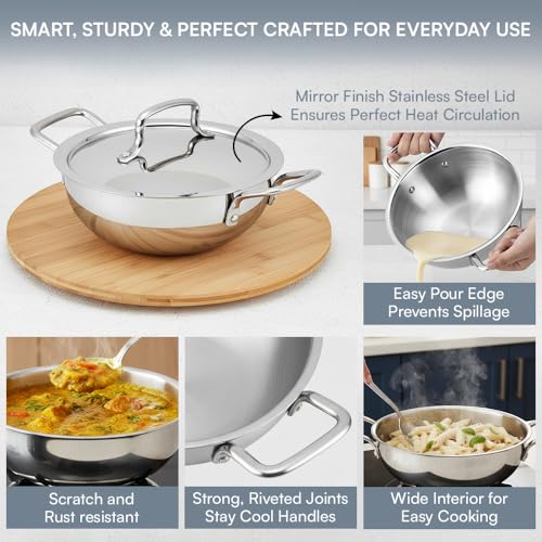 Kraft Futuretec Triply Stainless Steel Kadai with Lid - 1.1 Litre, 18 cm | 2.5 mm Thick Extra Deep Kadhai for Frying | Even Heating, Fast & Healthy... - Image 7