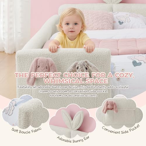 Image of Twin Size Bed Frame for Kids, Upholstered Daybed Frame Floor Bed with Safety Rails and Storage Pocket Cute Rabbit Ear Shaped Headboard for Kids Teens Boys Girls, Beige