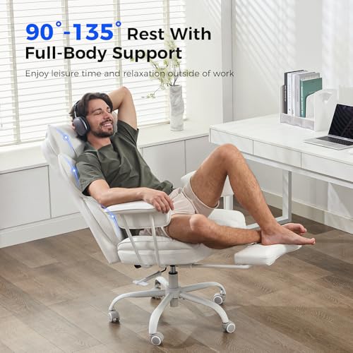 Image of amseatec Big and Tall Office Desk Chair - Wide Ergonomic Executive with Footrest, High Back Lumbar Support Reclining Gaming Computer Chair for Heavy People (White)