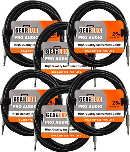Gearlux Instrument Cable/Professional Guitar Cable 1/4 Inch To 1/4 Inch, Black, 25 Foot - 6 Pack #TOP6