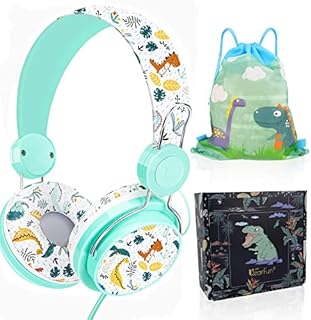 Kids Dinosaur Headphones, Cute Childrens Headphones Wired for School Boys with Microphone and 85dB Volume Limit, Adjustable Toddler headphone Over-ear Girls, Headphone for iPad/Kindle/Fire Tablet