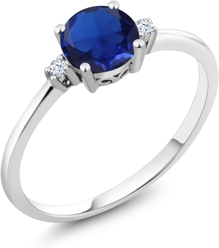 Gem Stone King 10K White Gold Blue Created Sapphire and White Created Sapphire Solitaire Engagement Ring For Women (0.78 Cttw, Round 6MM, Gemstone September Birthstone)