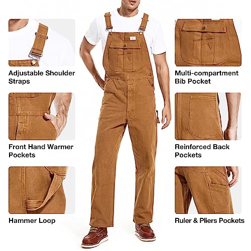 HISEA Men's Relaxed Fit Duck Bib Overall with Adjustable Straps and Convenient Tool Pockets Brown