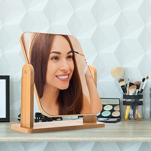 QINGMUG Vanity Mirror Wood Desk Makeup Mirror , 360° Swivel Desktop Square Mirror for Dressing Table Desk, Bathroom, Bedroom (1), 22 x 17CM