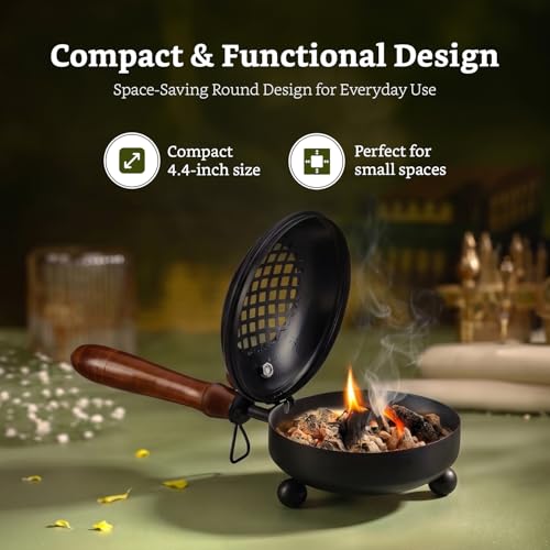 Image of Amazon Brand - Solimo Dhoop Dani with Handle (11.4 cm / 4.4 Inch) | Incense & Loban Burner Dhuni Stand | Durable Iron Body with Black Finish | Round Design | Safe Grip Handle | Ideal for Home, Office & Temple Pooja