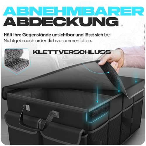 FORTEM Kofferraum Organizer Auto -Zusammenklappbarer Auto Organizer Kofferraum Mit Fächern- Kofferraumtasche Klett mit Rutschfestem Boden -Verstellbare Sicherungsriemen- Klappbarer Deckel (65L)