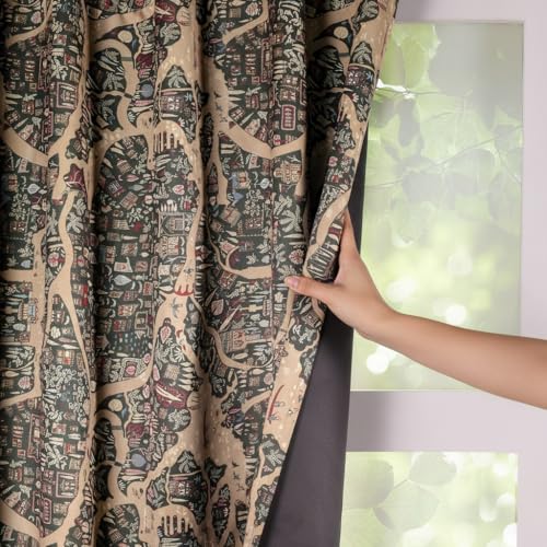 Image of HOMEMONDE Blackout Curtains 9 Feet Long Set of 2 - Room Darkening Curtain Digital Printed with Black Backing, Rod Pocket Thermal Insulation & Noise Reduced Drapes - (Beige & Green, 108 Inch)
