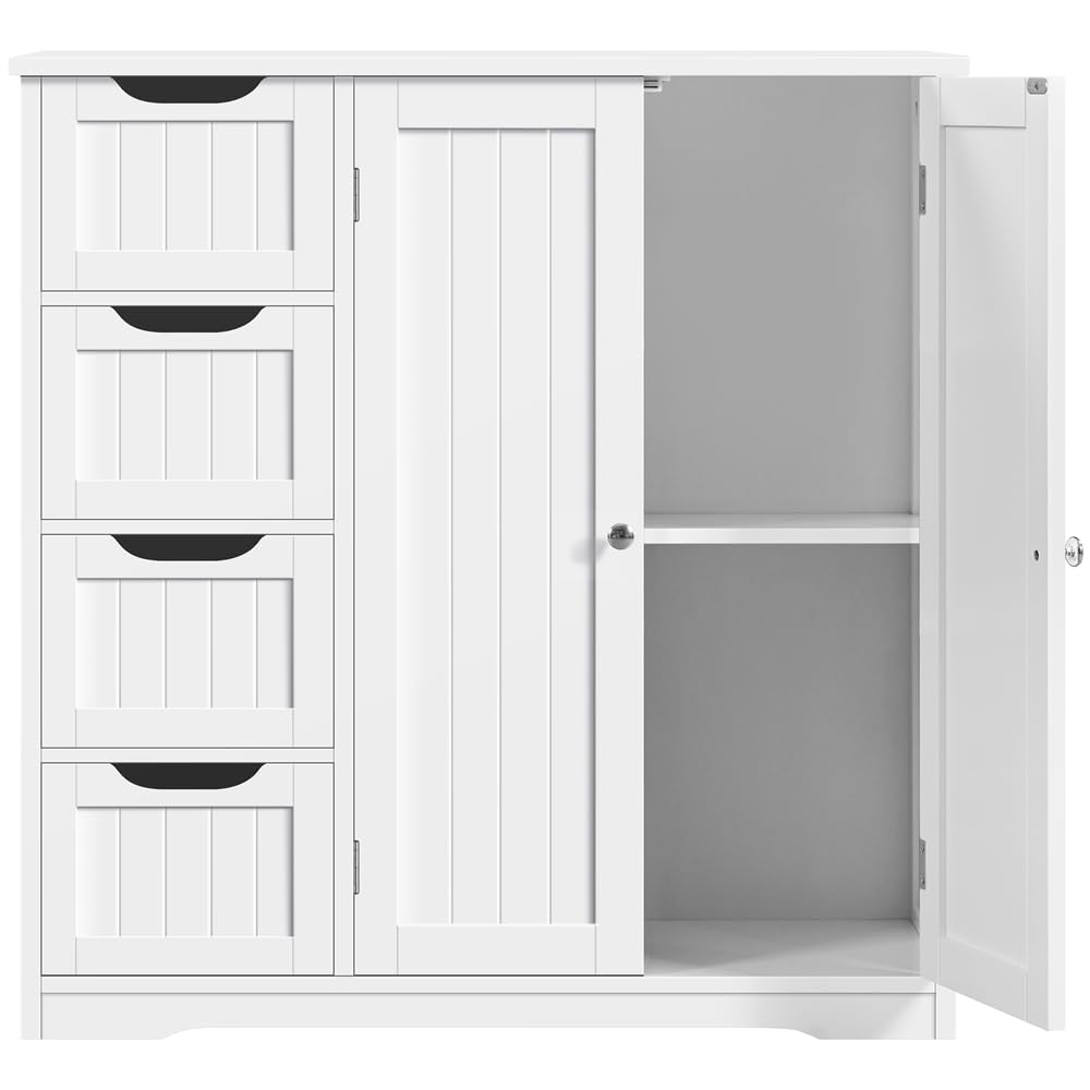 Yaheetech Mobile da Bagno con 4 Cassetti Mobiletto Portaoggetti Moderno con 2 Ante Armadietto Bagno Bianco Moderno Ripiano Regolabile 81 cm × 30 cm × 83 cm