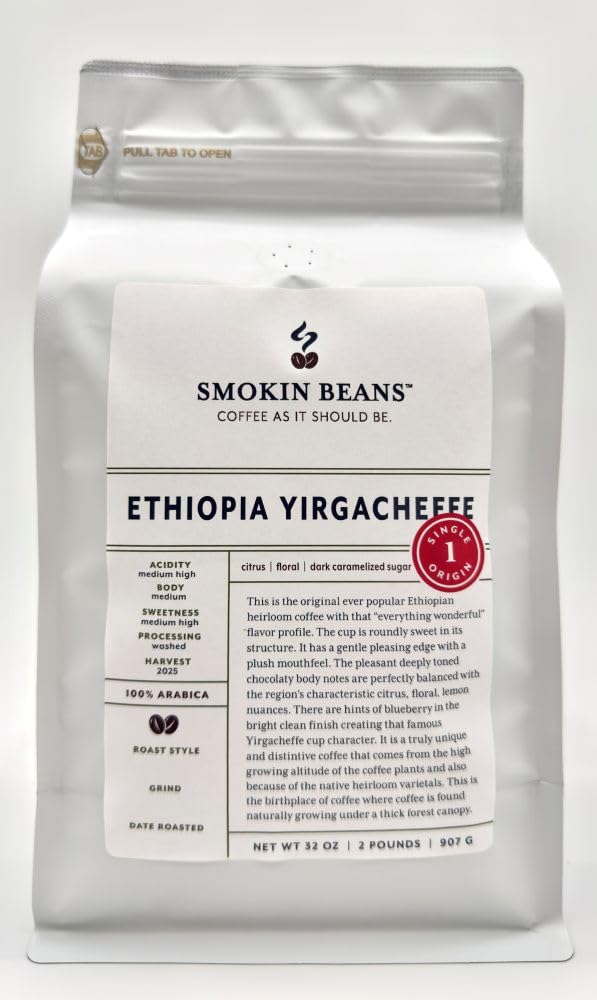 Smokin Beans 2-Pound Africa Ethiopia Yirgacheffe Coffee, Washed Processing, Medium Roast, Premium Whole Bean Specialty Coffee