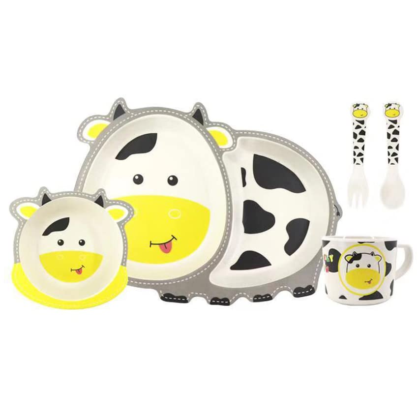 Bamboo Fibre Kids Feeding Set Cow Theme Eco Friendly Crockery Dining Set for Babies, New Born Baby Utensils and Dishes Kids by Decorat-In (Color - White, Set of 5 Pcs)