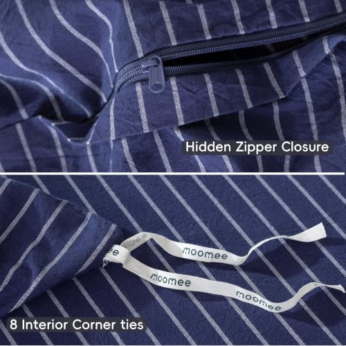 Image of MooMee Striped Duvet Cover Set 100% Washed Cotton Linen Like Queen | Relaxed Linen-like Texture. Soft, Breathable & Long-lasting Comfort. Lightweight. Hidden Zipper with 8 Interior Corner Ties