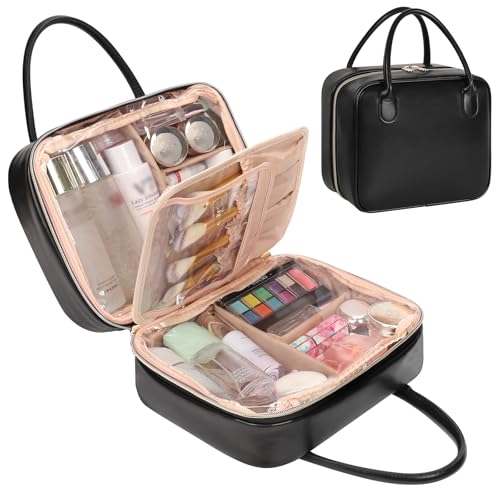 onemoky Travel Makeup Bag, Large Capacity Cosmetic Bag, Portable Make Up Bag Organizer for Women, Waterproof Cosmetic Travel Bag with Dividers and Brush Compartment for Cosmetics & Toiletries