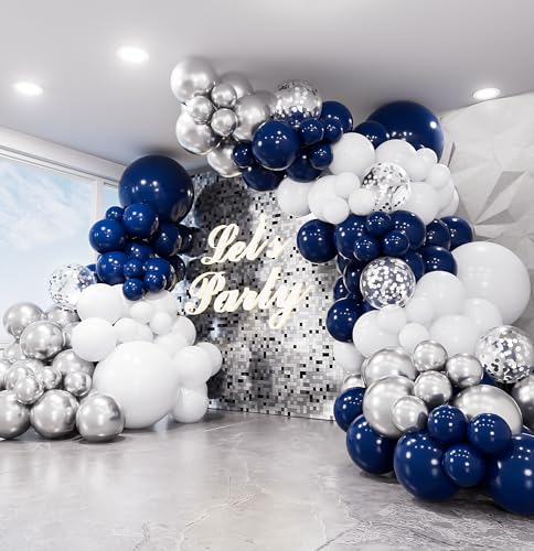 Image of Navy Blue and Silver Balloon Arch Kit Garland - 134Pcs Blue and Silver Balloon Arch Kit, Navy White Balloons with Silvery Confetti Balloons for New Year Eve Birthday Wedding Party Decorations