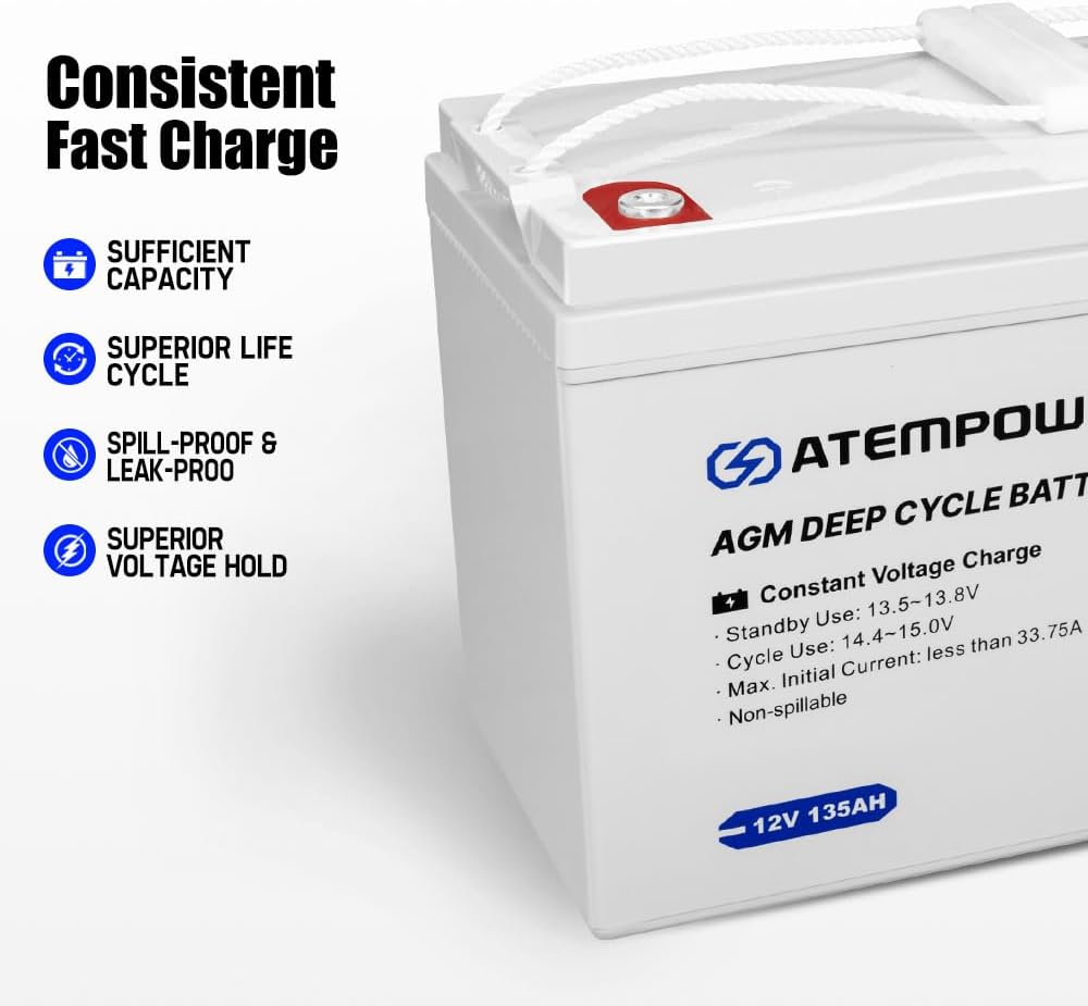 Atem Power 12V AGM SLA Deep Cycle Battery (135Ah), Lead Acid for Cars, Trucks, Solar Power
