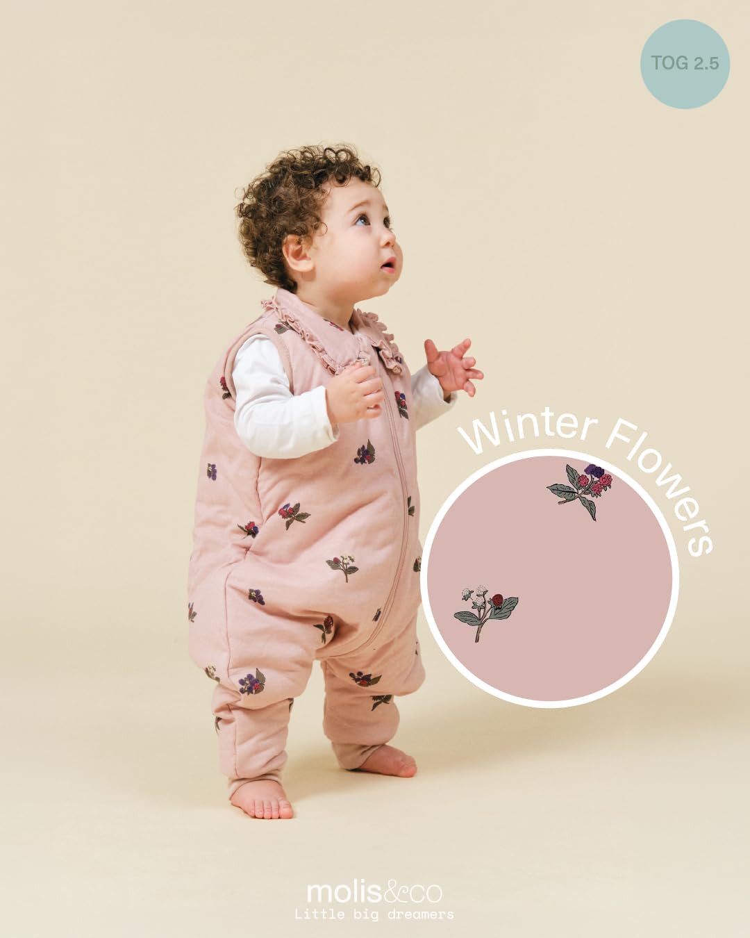 molis&co - Baby Schlafsack mit Füßen 2.5 TOG - Ganzjahres Schlafsack - Babyschlafsack mit Beinen - 100% Baumwolle (Oeko-TEX 100), Winterschlafsack Premium Qualität - Winter Flower (117 cm)