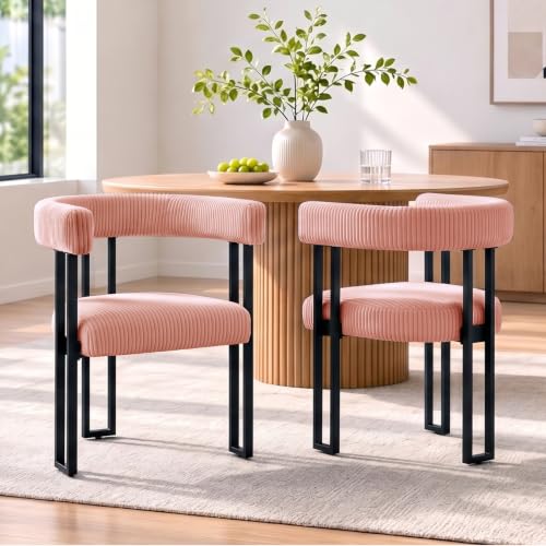 Image of Modern Corduroy Dining Chairs Set of 2 with Metal Legs,Comfy Accent Dining Room Chairs Upholstered Kitchen Side Chairs with Curved Backrest for Dining Room Kitchen Living Room (Pink,2)