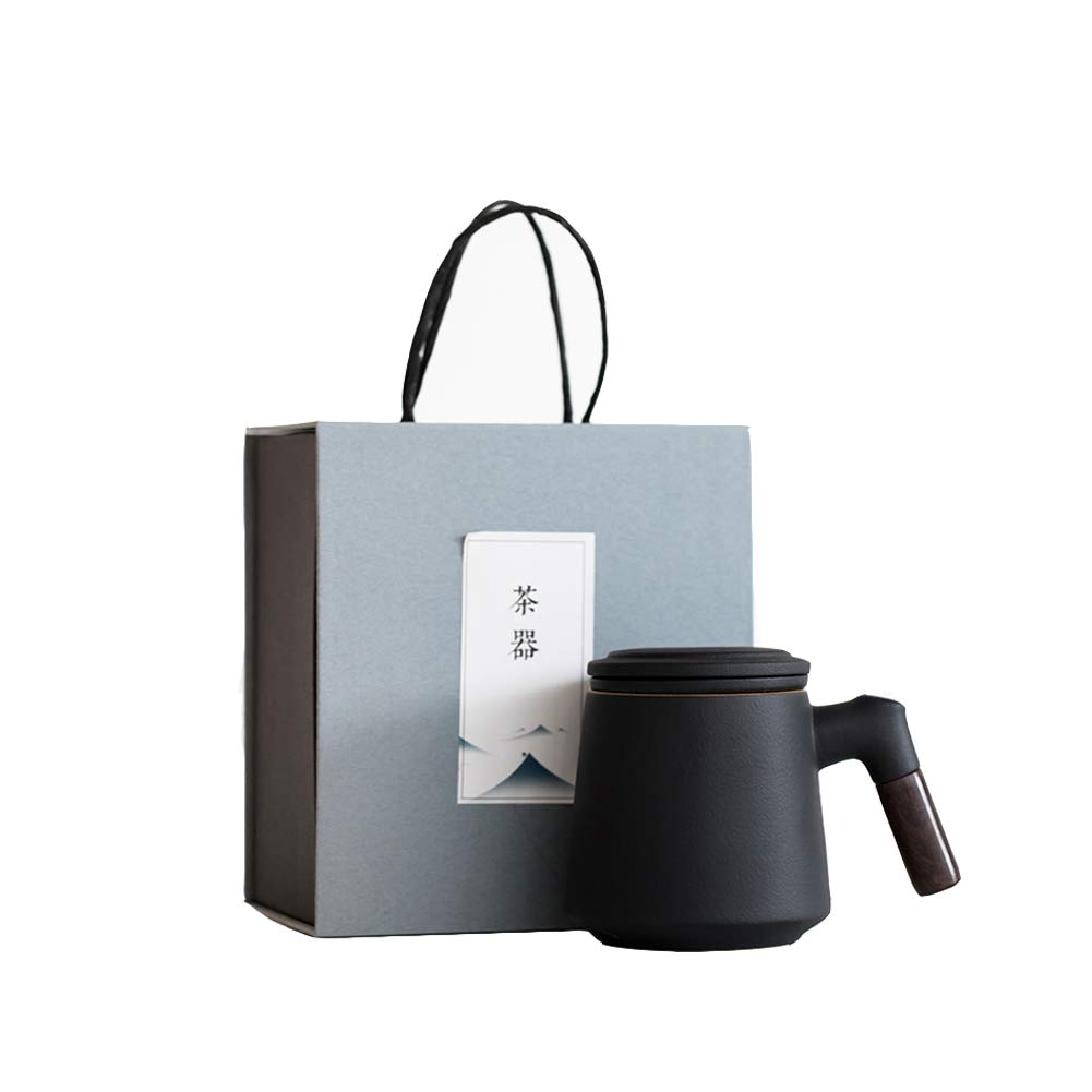 Coupe de thé en céramique avec filtre et couvercle Tasse à thé Poignée en bois 350ml,Noir