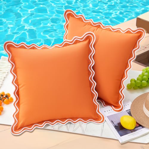 18x18 Burnt Orange Scalloped Outdoor Throw Pillow Covers Waterproof & Sunproof Set of 2 Embroidered Boho Fall Orange Outdoor Decorative Throw Pillows For Front Porch Patio Furniture and Home