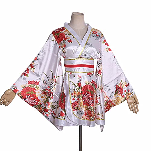 Image of HUAHUA Women's Sexy Short Kimono Dress Floral Print Japanese Traditional Geisha Robe Bathrobe Skirt Belt Outfit