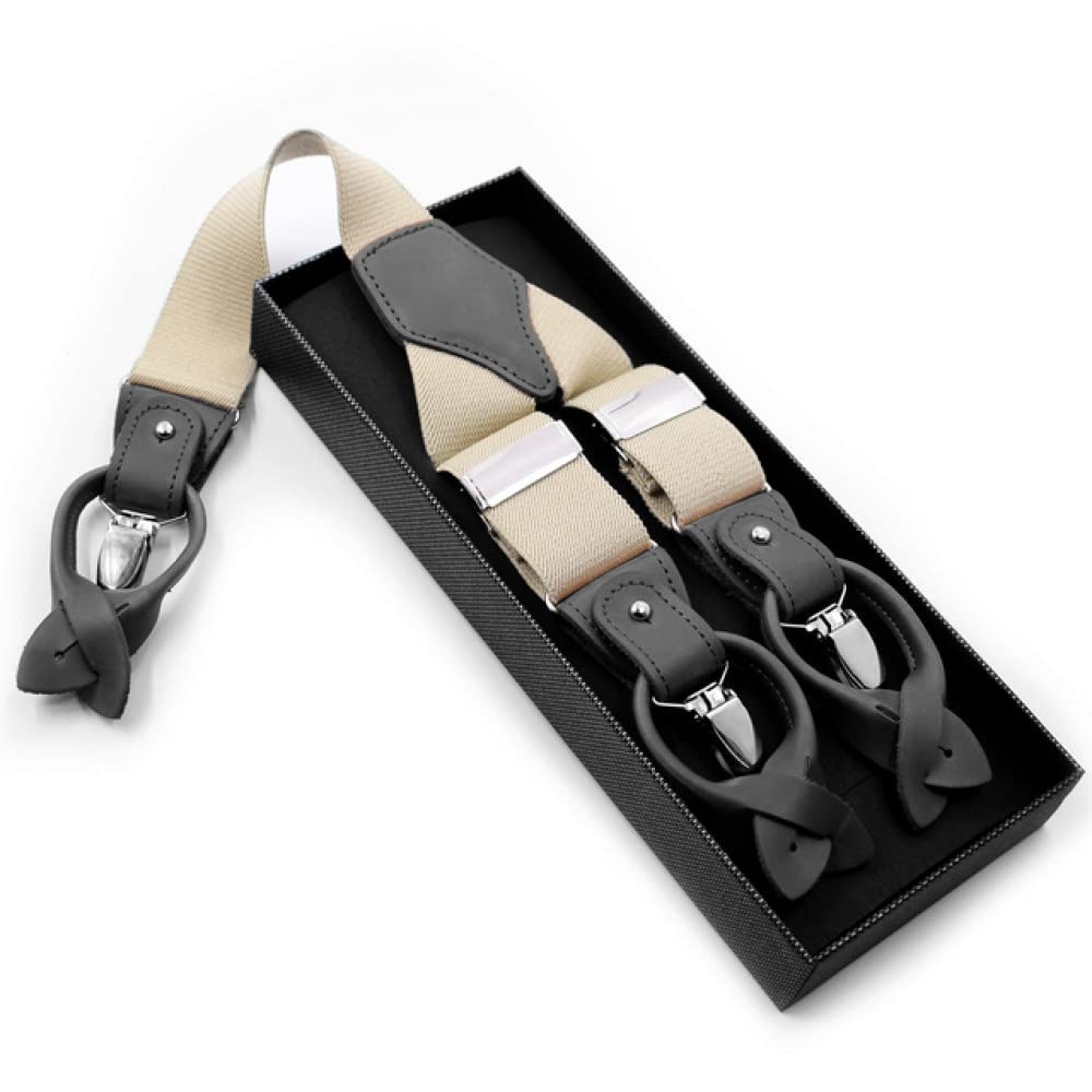 Tirantes con Clip, Tirantes de Cuero Genuino for Hombre con Forma Y, Pantalones elásticos Ajustables Resistentes, Tirantes, cinturón, Regalos Boda for Padre y Marido(Beige)