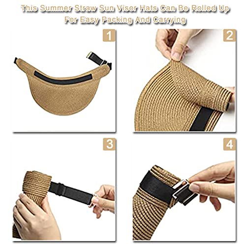 Juanerjie Women Roll Up Straw Sun Visor Hat, Wide Brim Foldable Beach Cap Loop Closure And Adjustable Golf Fishing Visor Khaki, 7-7 3/8 #TOP4