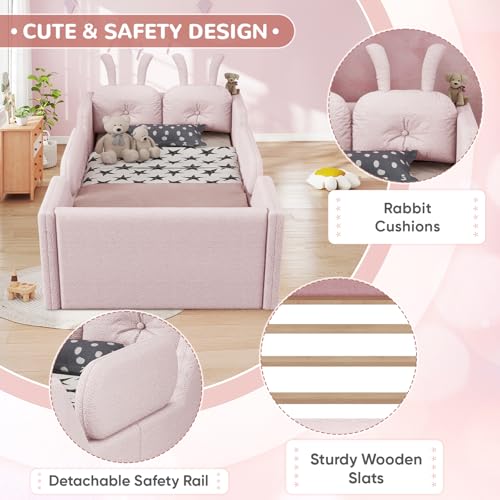 Image of Twin Size Kids Bed with Rabbit Cushions, Upholstered Boucle Fabric Platform Floor Twin Daybed with Removable Side Rail, Space-Saving Wooden Corner Sofa Couch Bed Frame for Girls, Boys, Teenager(Pink)