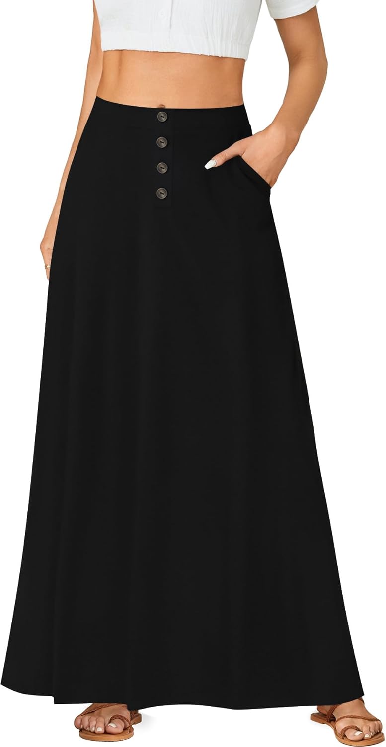Rooscier Women’s High Waist Button Front A-Line Long Maxi Skirt with Pockets