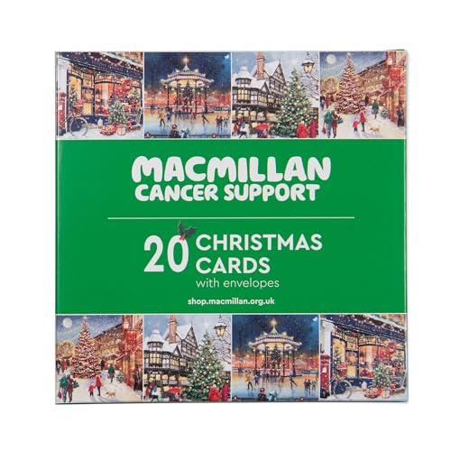 Macmillan Village Scenes Lot de 20 cartes de Noël caritatives de luxe et respectueuses de l'environnement. Lot de 4 motifs de Noël saisonniers. Format carte 127 x 127 mm.