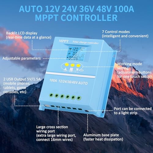 Regulador de carga MPPT 100A automático 12V 24V 48V pantalla LCD azul para paneles solares 6