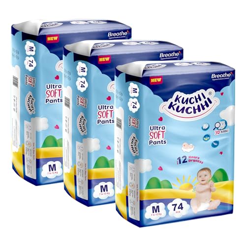 Image of Premium super soft baby diaper with a 3D bubble top and super absorbent core | Added active leak barriers and wetness indicators - M Size, 222 Count