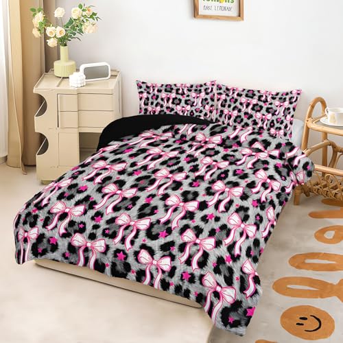 Image of AILONEN Coquette Leopard Comforter Queen 3 Piece Hot Pink Bow Bedding Set Soft Microfiber Quilted Duvet Alternative Master Bedroom Decor Stylish Grey Blanket 2 Cases