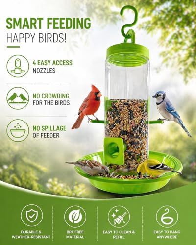 Image of PuraMart Hanging Bird Feeder for Garden, Balcony (1 Litre) | Bird Food Dispenser | 4 Feeding Ports | 360 Perch | Weatherproof Bird Feeding Station | Indoor & Outdoor Use (Feeder(Pack of 1))