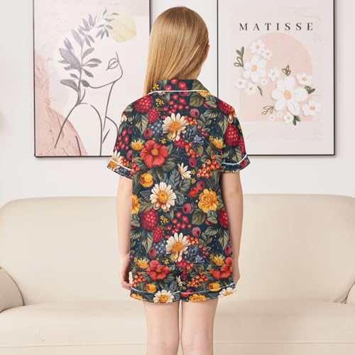 ALAZA Berry Fruit Leaf Blossom Satin Pajamas Set Short Sleeve Button Down Sleepwear Summer Pjs 2 Piece4