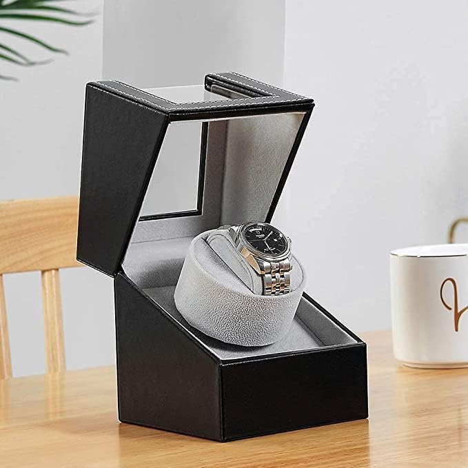 Olvy Watch Winder with lid open, showing a watch placed on the cushion