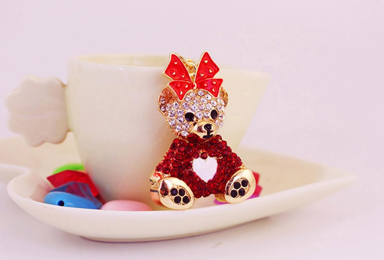 One Pack Cute Bowknot Heart Heart Bear Sitting Position Bear Animal Rhinestone Car Keychain Ring Chain Gift Pack Buckle - Image 5