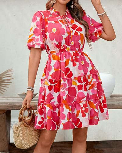 Image of BTFBM Women Summer Floral Short Dresses V Neck Short Sleeve Tiered Ruffle Boho Swing Dress A-Line Mini Dresses