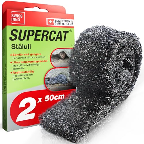 SWISSINNO Stålull gnagarstopp – 2 rullar 50 cm – gnagarskydd stålull för tätning av springor – barriär mot möss, råttor, mård & insekter – skadedjursbekämpning in/utomhus