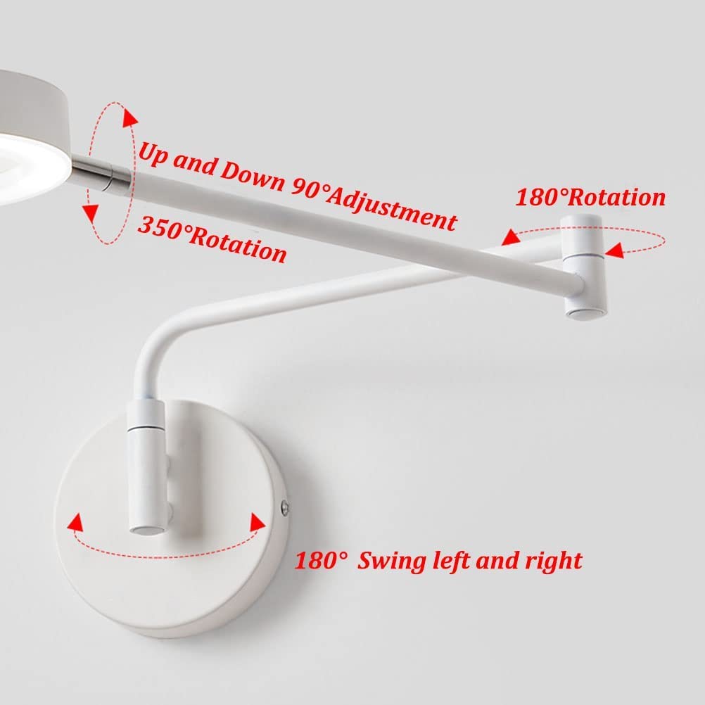 8W LED Wandlampe mit Schalter, Wandleuchte mit Stecker und Kabel Wand-Leselampe mit Verstellbarer arm 3000K-6000K Weiß Ring Acrylschirm Innen Schwenkbar Nachttischlampe LED Wandbeleuchtung Modern